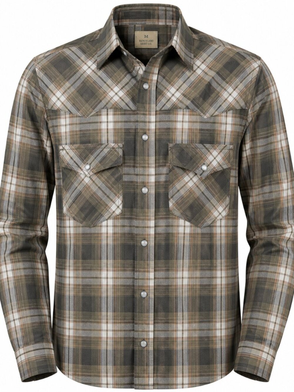 Vintage Mens Western Plaid Snap Button Cowboy Shirt Rustic Ridge Med Green Brown
